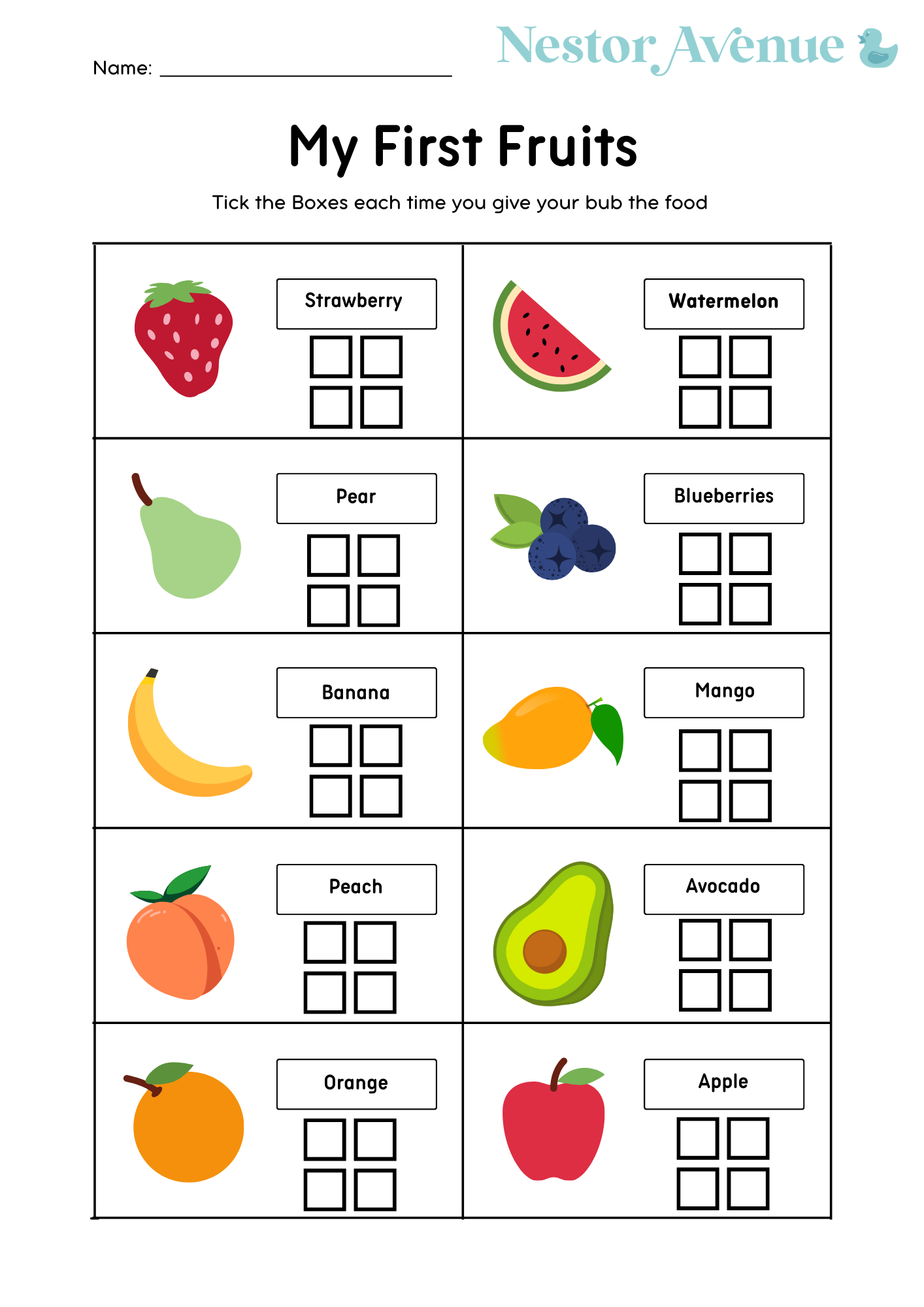 Nestor Avenue My First Foods Checklist