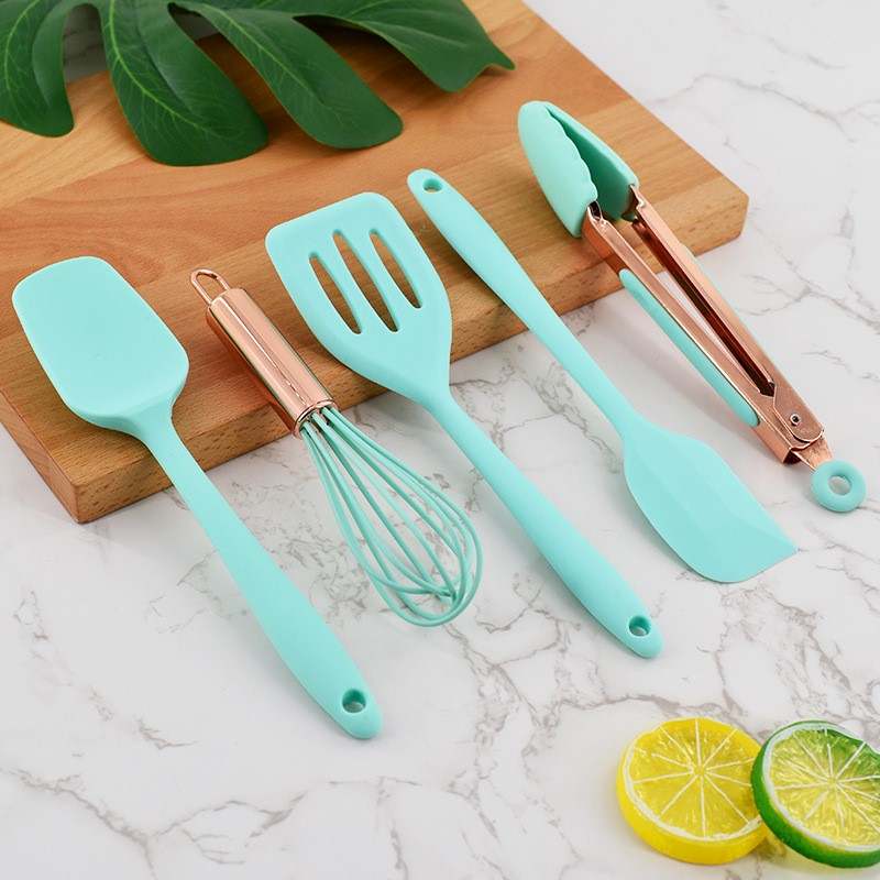 Kids Cooking Utensils, mini utensils for playtime cooking, mint green silicone and rose gold handles.