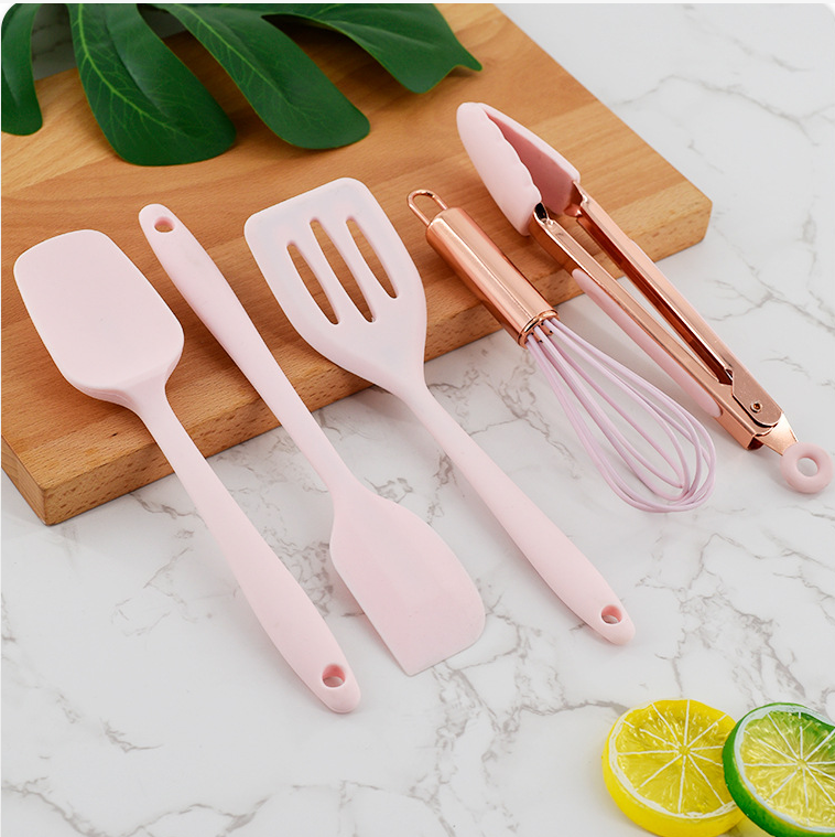 Kids Cooking Utensils, mini utensils for playtime cooking, rose pink silicone and rose gold handles.